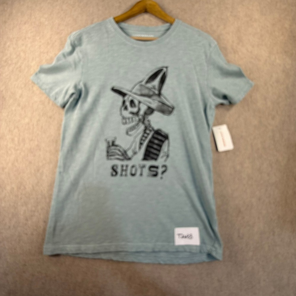 NWT Lucky Brand Mens Shots Skeleton Sombrero Graphic T-Shirt Light Blue Small